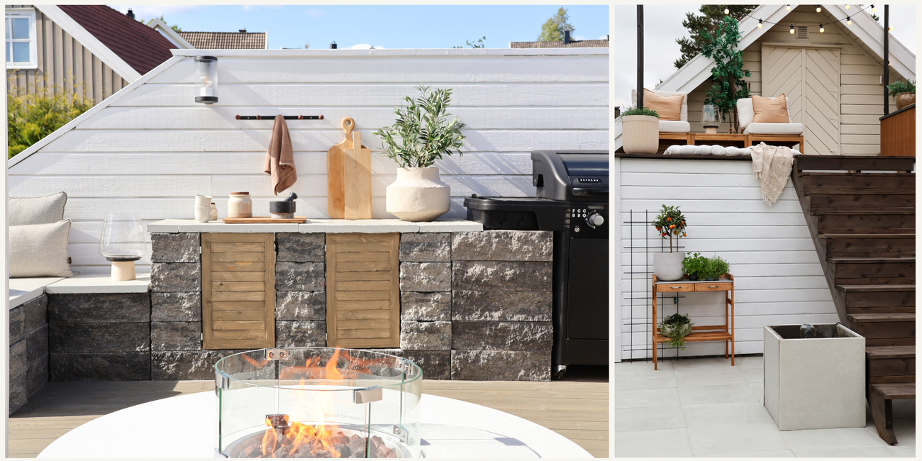 Bilde av utekjøkken bygget av splittblokk fra Asak, og en helleplatting med helle kritt