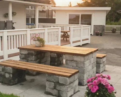 En enkel sittegruppe av Herregård mur, brunmix og treverk som gir deg muligheten til å dele et utendørs måltid med venner og familie.