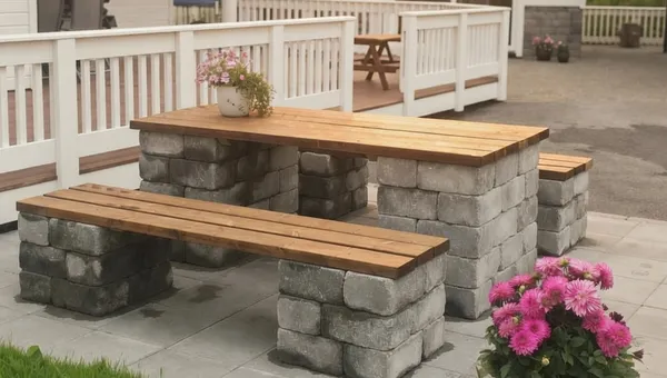 En enkel sittegruppe av Herregård mur, brunmix og treverk som gir deg muligheten til å dele et utendørs måltid med venner og familie.